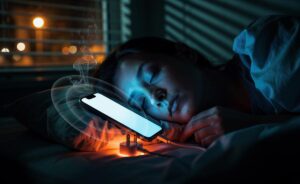 Illustration of a person asleep with a smartphone under the pillow at night in 2026, reflecting experts’ warnings about sleep disruption, fire hazards and RF exposure