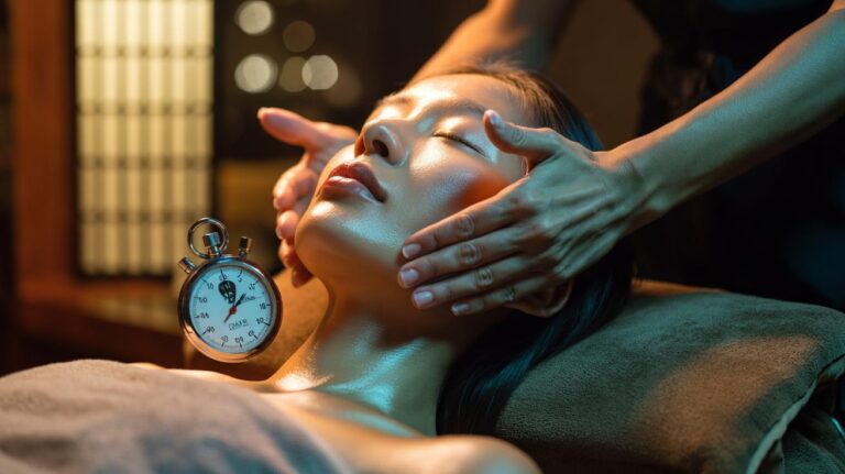 Illustration of a Japanese esthetician performing a 60-second upward facial massage to lift sagging skin naturally