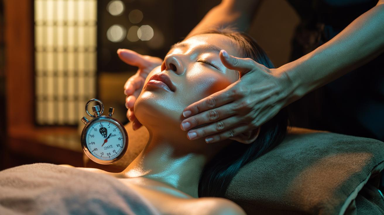 Illustration of a Japanese esthetician performing a 60-second upward facial massage to lift sagging skin naturally