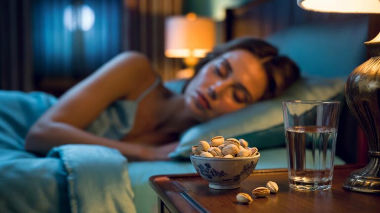 Illustration of a small bowl of pistachios on a bedside table at night for overnight skin support
