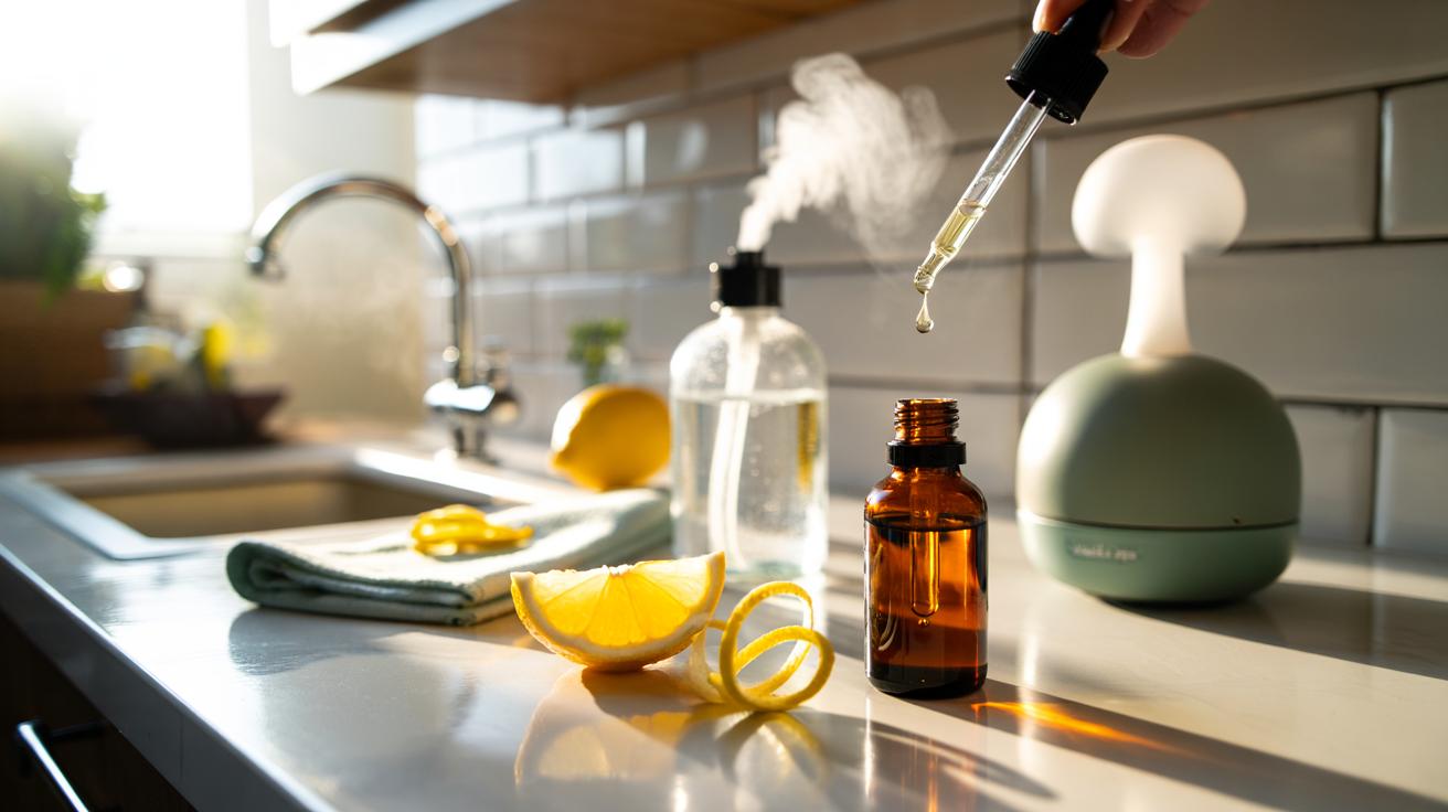 Illustration of lemon essential oil being used to make a home feel instantly clean and fresh