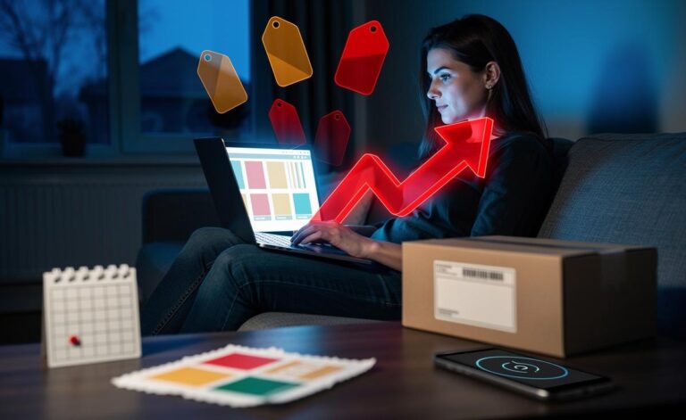 Illustration of online shopping on a Monday with dynamic price increases, expiring promotions, and customer service delays