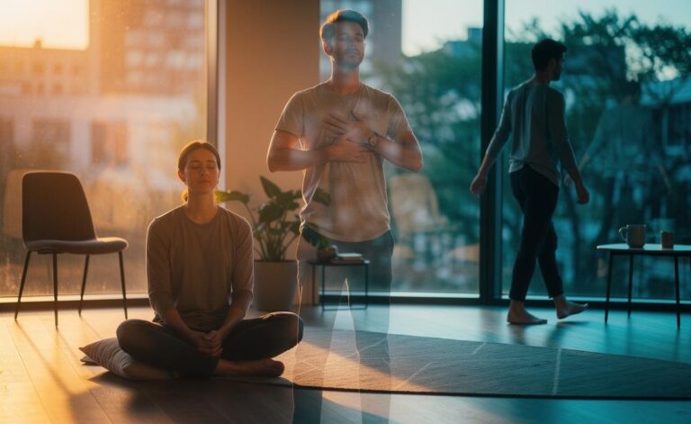 Illustration of rethinking daily meditation through a flexible, personalised approach that weighs benefits, potential risks, and practical alternatives