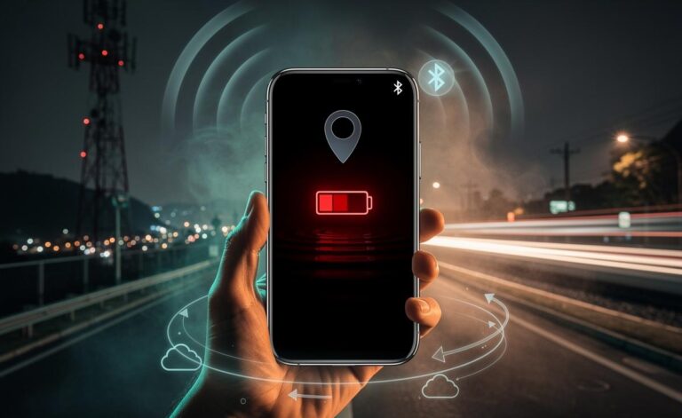 Illustration of why your phone battery drains faster due to hidden culprits such as background activity, high-refresh displays, weak-signal radios, location services, software updates, heat, and ageing batteries