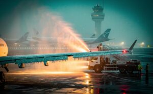 Illustration of airlines rescheduling winter flights due to de-icing supply, low-visibility ATC rules, crew duty limits, and airspace reroutes and curfews