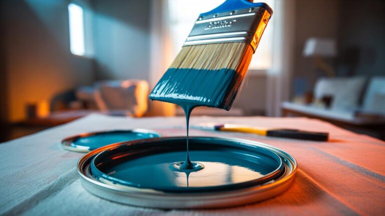 Illustration of a rubber band stretched vertically across an open paint can, with a brush being wiped on the band to remove excess paint and prevent drips