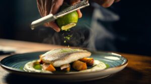 Illustration of lime peel being zested with a microplane over a cooked dish to brighten flavours